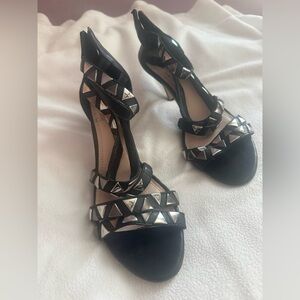 Vince Camuto Black Studded Strappy Heels - Silver Triangle Hardware